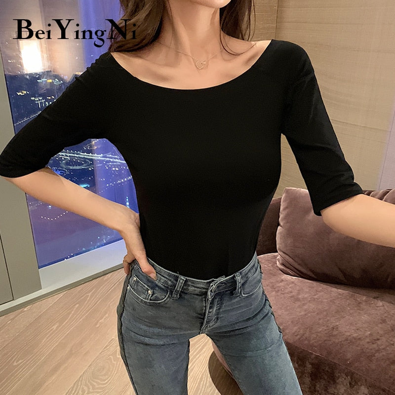 Beiyingni Slash Neck Women T-shirt Cotton Half Sleeve Harajuku Slim Casual T Shirt Female Elastic Plain Tshirts Woman Tee Tops