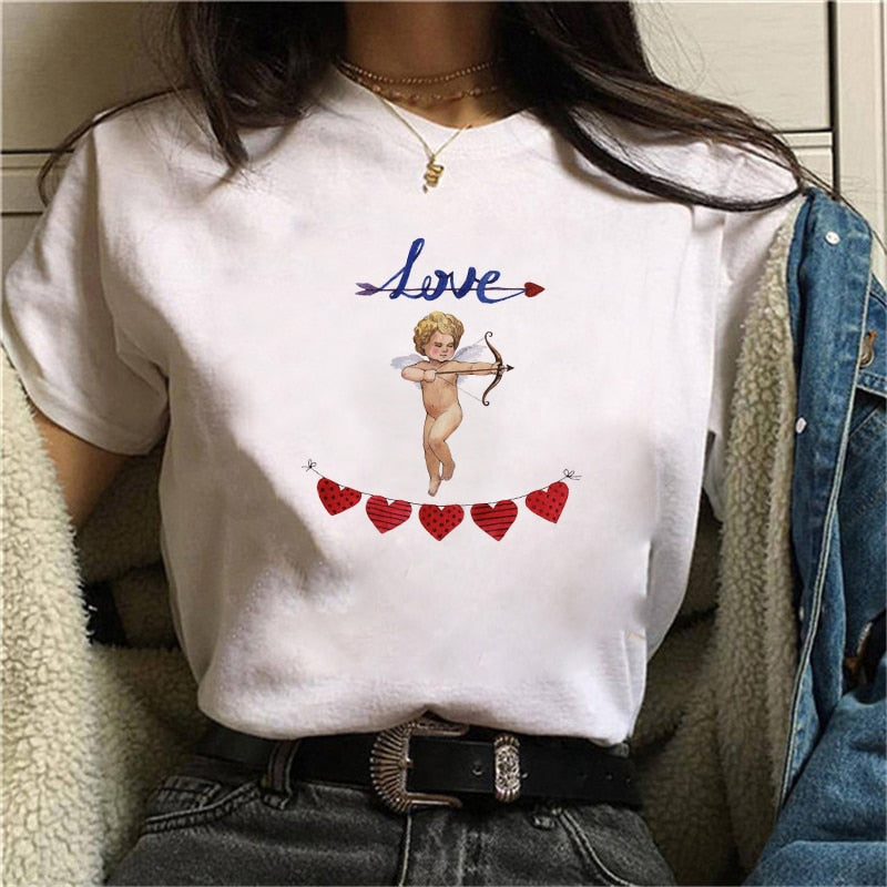 Cupid Angel Print T shirt Women Summer Cartoon Clothes