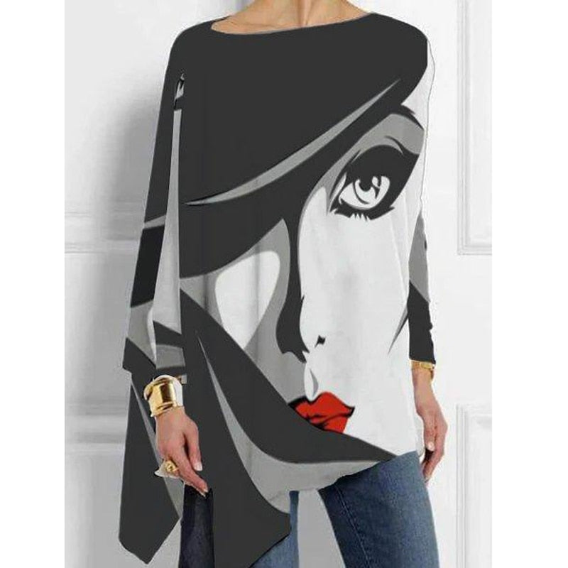 Plus Size White-Black Abstract Vintage Tops Women Loose Crew Neck Cotton Casual Shirts Long Sleeve Irregular T-shirt Print