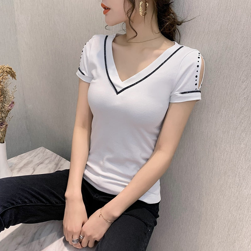 Summer Fashion Korean Clothes T-shirt V-Neck Diamonds