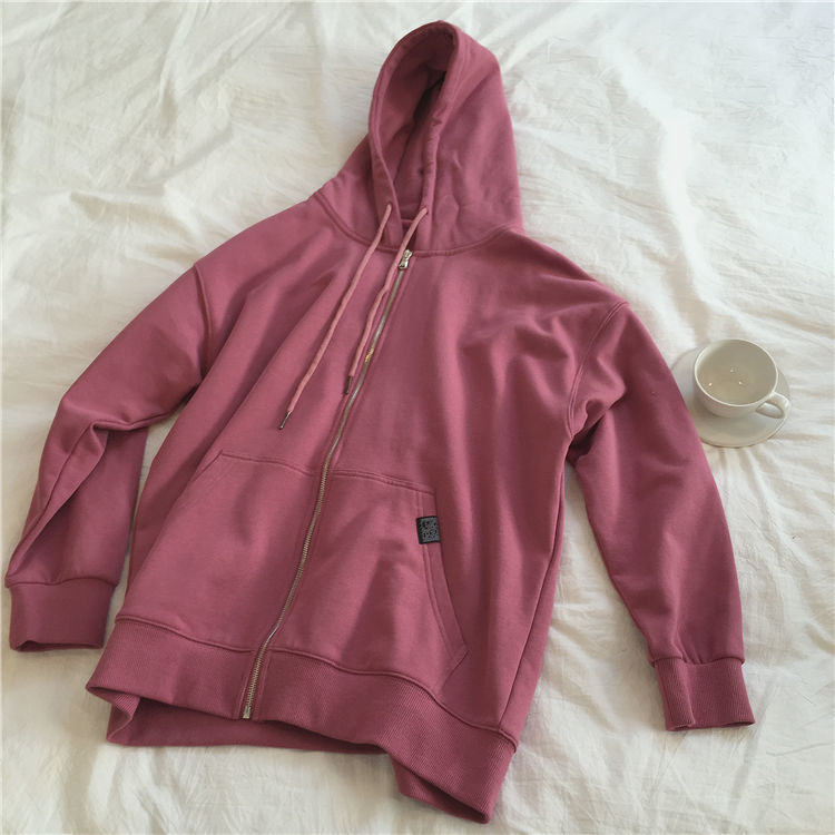 Hoodies women zipper kangaroo pocket casual loose solid color sweatshirt female