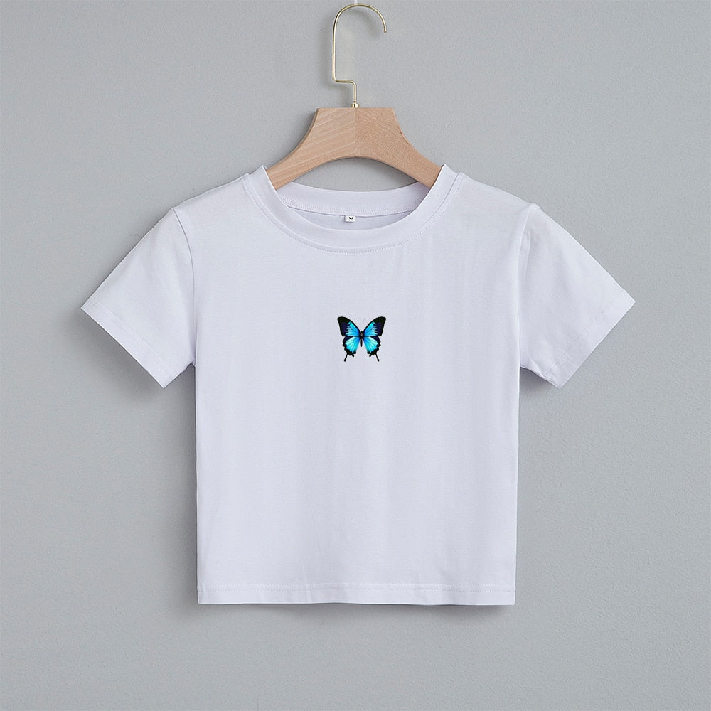 Fashion Cartoon Blue Butterfly Print Crop Top