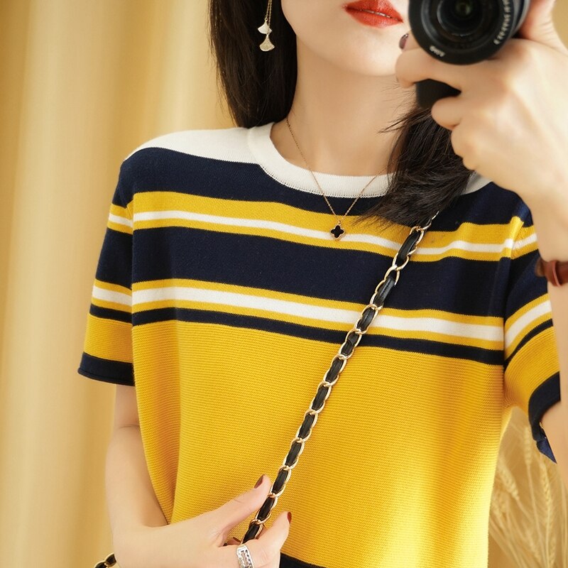 summer new pure cotton T-shirt women casual pullover knitted sweater short sleeve plus size round neck tees striped top