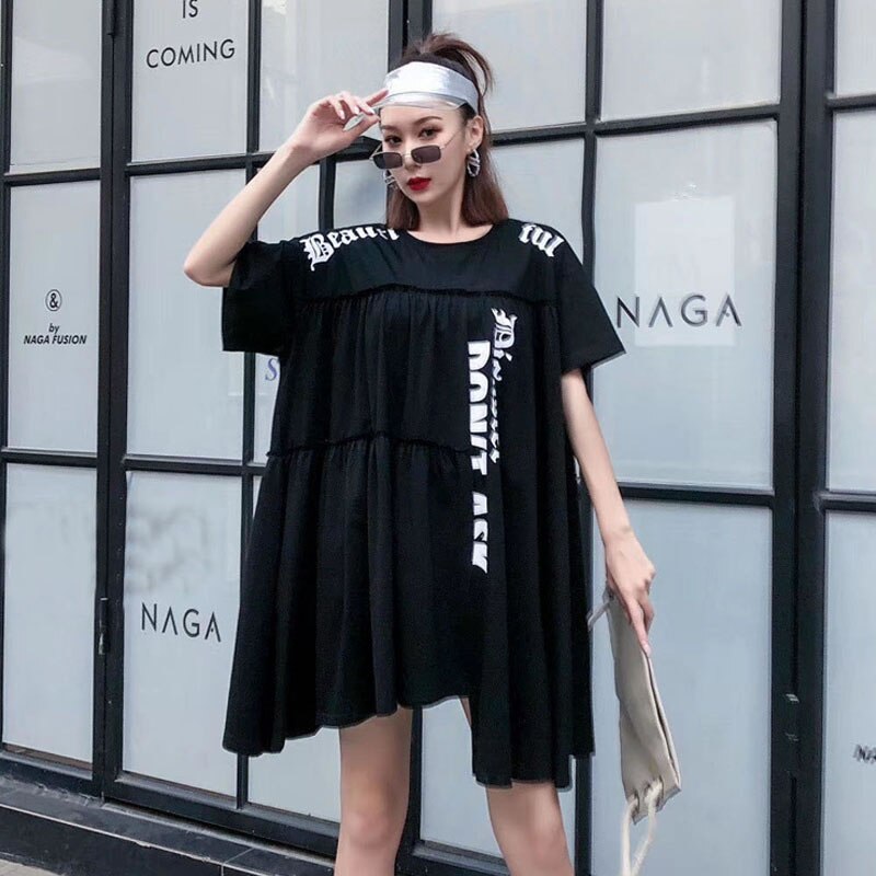 XITAO Plus Size Irregular Letter Pleated T Shirt Women Clothes 2020 Summer New Fashion Loose Pullover Match All Long Tee DMY4122