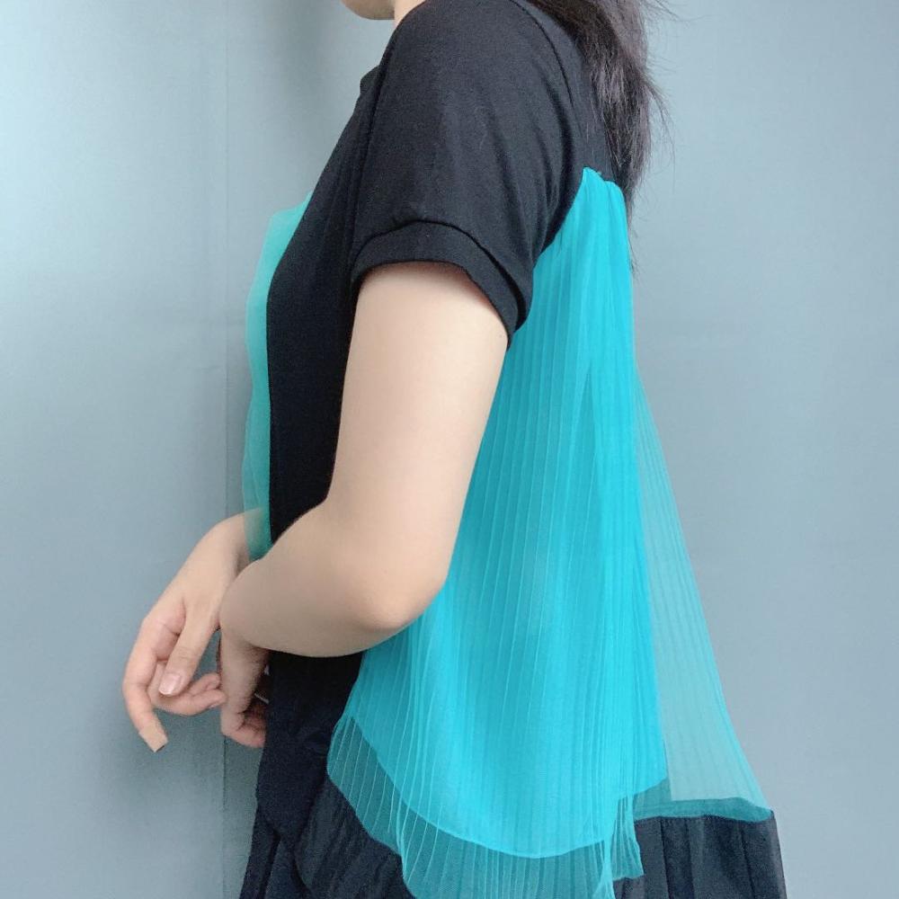 Summer Korean-Style Slimming Tops Design Panelled Mesh Pleated Patchwork Casual O Neck Short T-Shirt Women