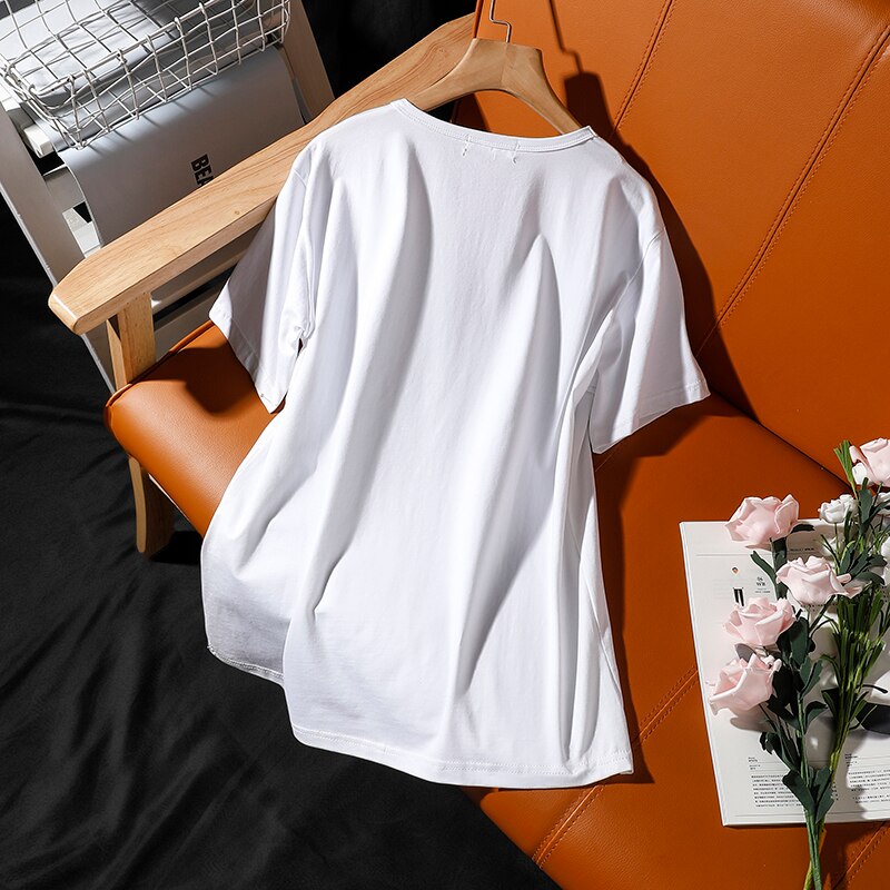 T-shirt female summer new rose printing round neck