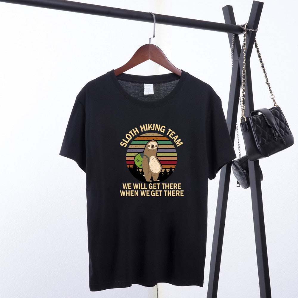 Sloth Hiking Team Printed Tshirts Women Summer Graphic Tees