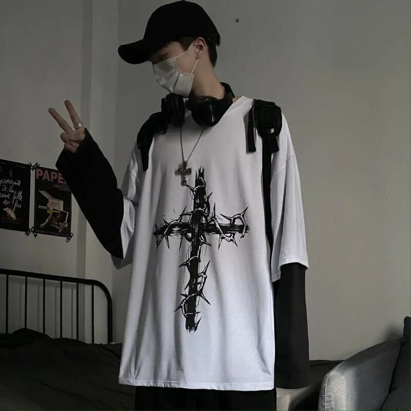 QWEEK Gothic Goth Style Tshirt 2021 Mall Goth Tops Punk Long Sleeve Oversize T-shirt Japanese Streetwear Fashion Korean Style