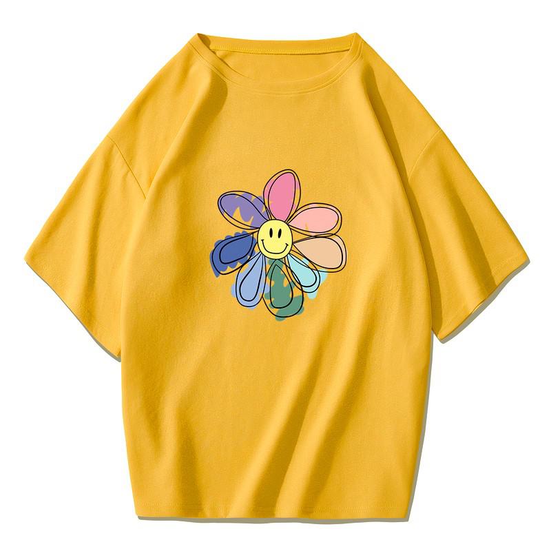 Yedinas Sunflower Print T Shirt Women Summer T-shirt Cotton Female Japanese Style Aesthetics Tops Oversized Streetwear Tee Shirt