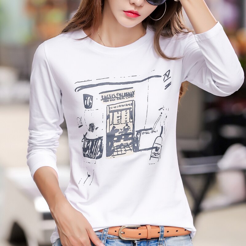 Comic printing Autumn Loose women T Shirt Winter O-Neck Full Sleeve Cotton fashion T-Shirts feminine Green Casual Soft Tops