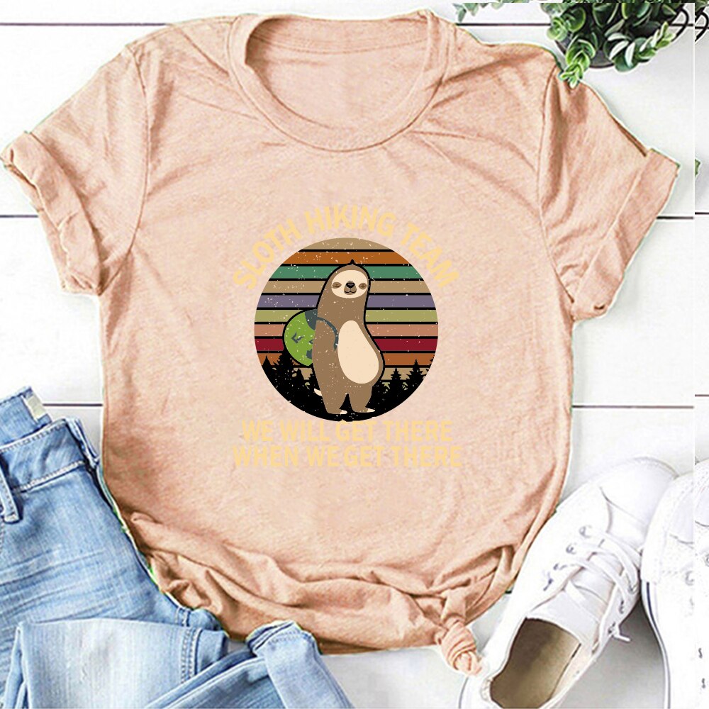 Sloth Hiking Team Printed Tshirts Women Summer Graphic Tees