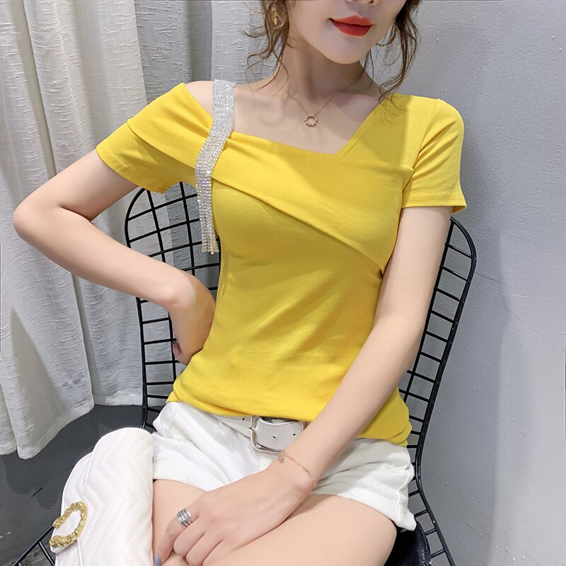 European Clothes Fashion Asymmetrical Hollow Out T-shirt Women 2020 New Summer Back Tops Ropa Mujer Bottoming Shirt Tees T02210