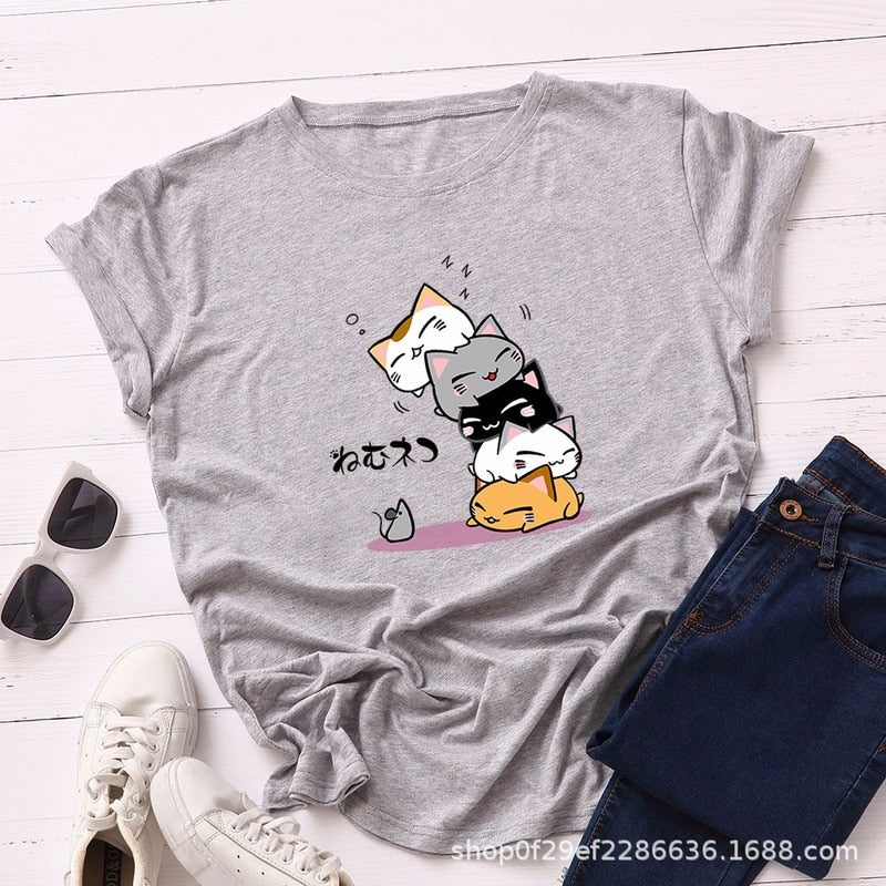 Summer T-Shirt Women Plus Size S-5XL Cotton Graphic Funny Cats Print Female Short Sleeve Simple Tshirts Casual Fashion Tops Tees