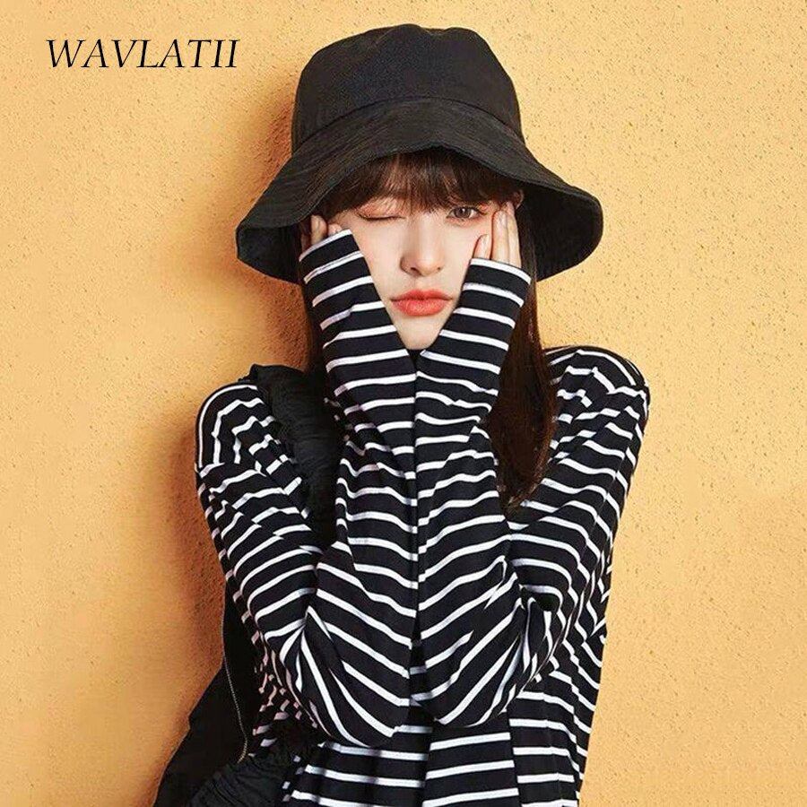 WAVLATII Women 2021 New Long Sleeve T shirts Female Cotton White Black Striped Tees Lady Oversized Spring Casual Tops WLT2107