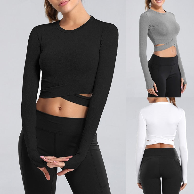 Women Long Sleeve Running Shirts Sexy Exposed Navel Yoga T-shirts