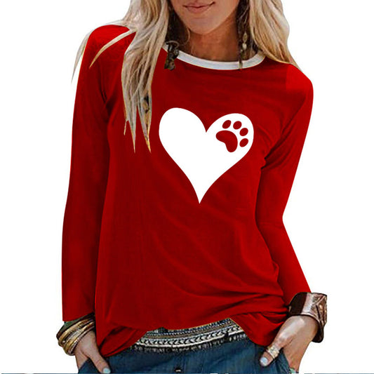 Heart Bear Paw Print Long Sleeve T-shirts Women Autumn