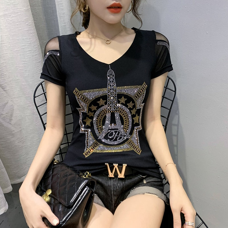 Clothes T-shirt Fashion Diamonds Eiffel Tower Women Tops