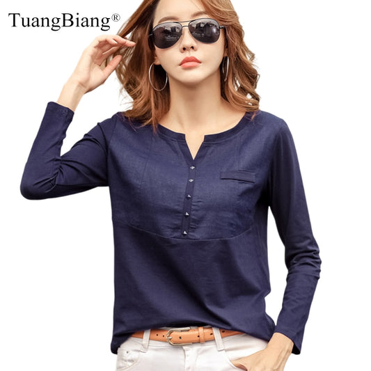 Autumn Female 2021 Slub cotton V-neck Long sleeve T-shirt Women Gem buttons Navy blue Tops Fashion stitching Pink orange T shirt