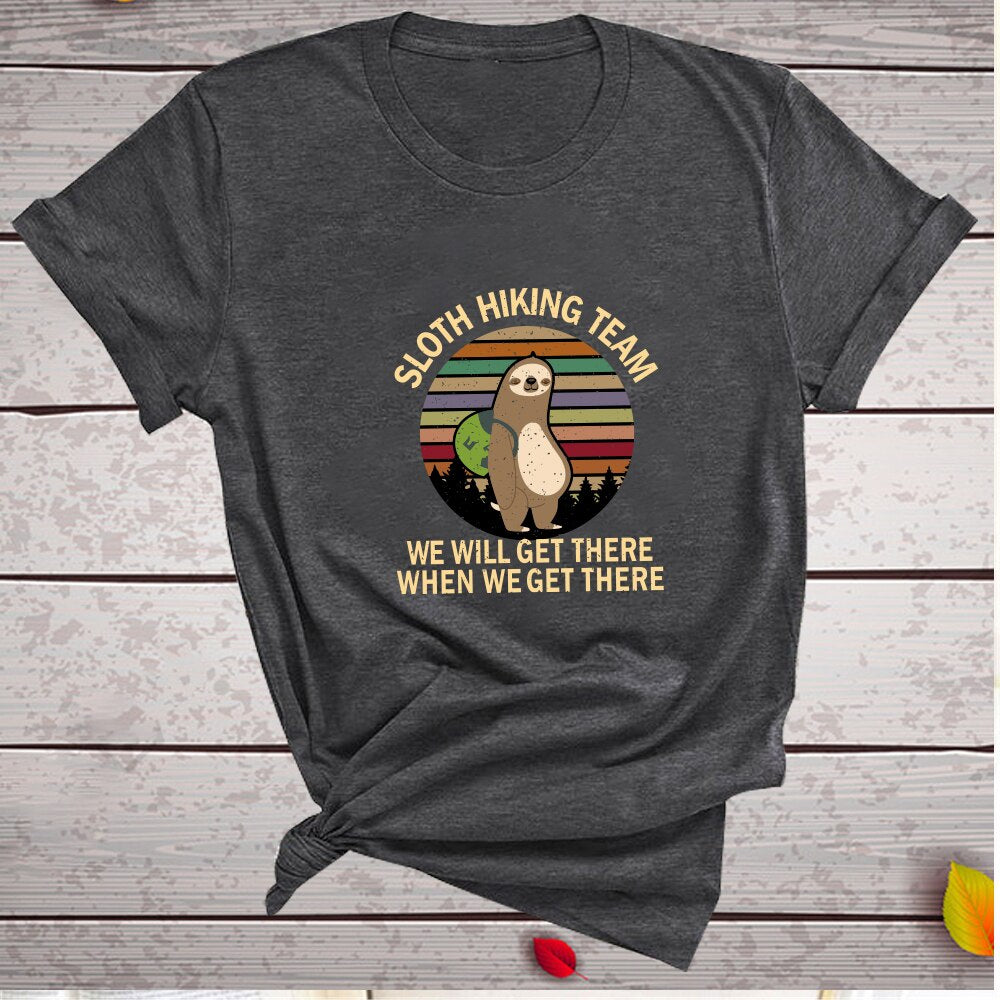 Sloth Hiking Team Printed Tshirts Women Summer Graphic Tees