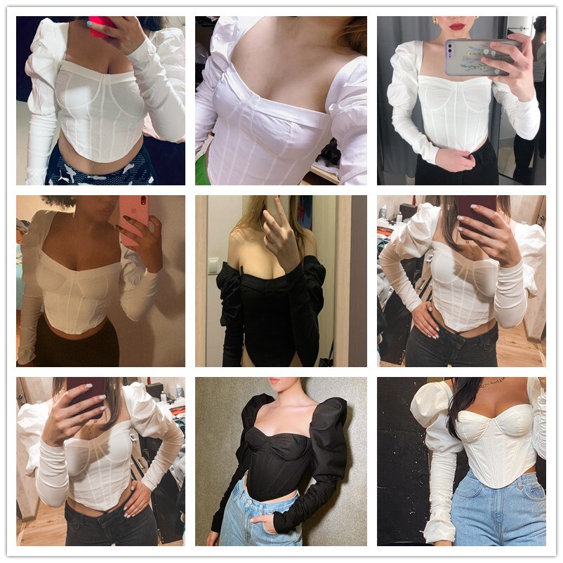 CNYISHE Elegant Solid Puff Sleeve Slim T-Shirt Women Tee Tops Autumn Fashion Sexy Backless Skinny Crop Top Female Shirts Blusas