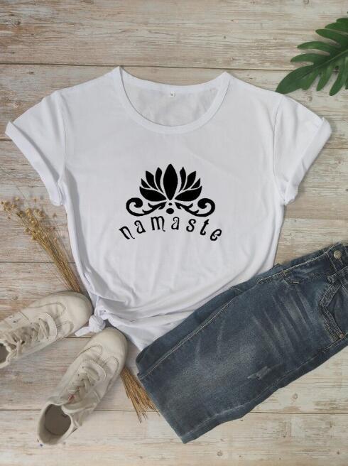 Women T Shirt Namaste Lotus Printed T-shirt Ladies Short Sleeve