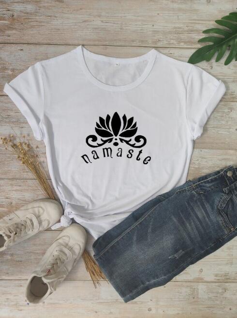 Cotton Women T Shirt Namaste Lotus Printed Tshirt Ladies