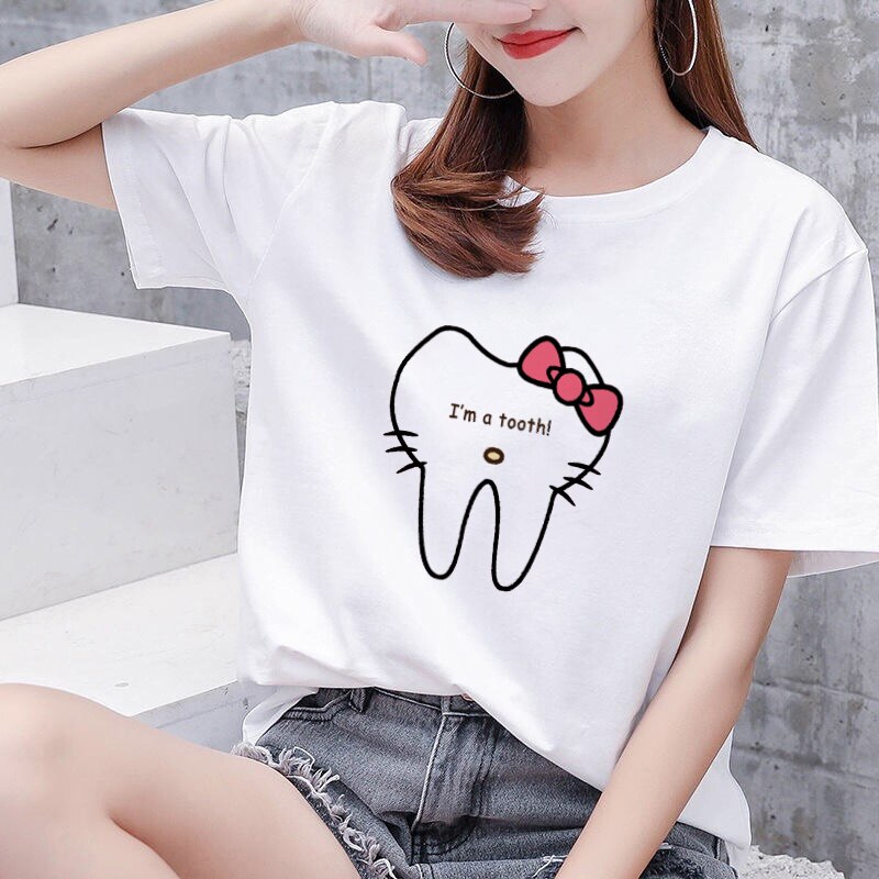 Aesthetic funny tooth dentist women's T-shirt 90s Harajuku Kawaii O-neck T-shirt pattern fashion printing Plus size women shirts