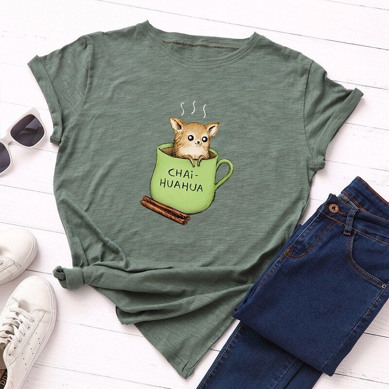 Women T-Shirt Summer Cotton Short Sleeve Cartoon Cute Dog