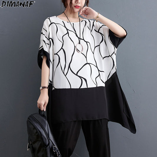 DIMANAF Plus Size Women T-Shirt White Bat Striped Print Patchwork Chiffon O-Neck Tops Shirt Loose Summer 2021 Solid New Tees 5XL