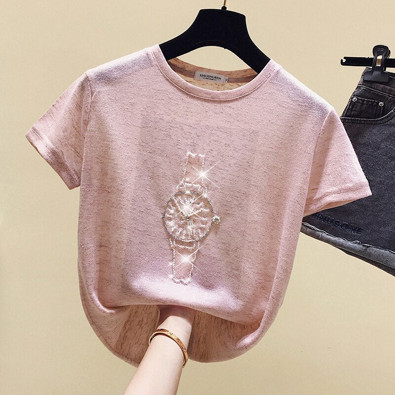 T Shirt Women Summer Tops Beading T-Shirt