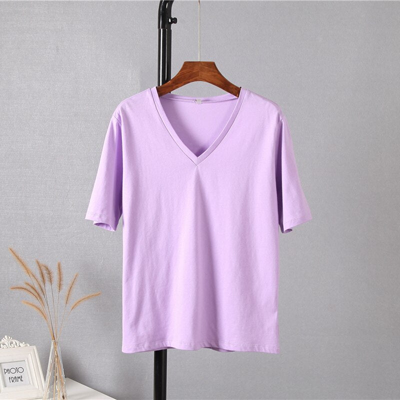 Hirsionsan 100% Cotton Summer T Shirt Women Soft Short Sleeve V Neck Female Tees Basic Kintwear Tops Harajuku Tshirt for Ladies