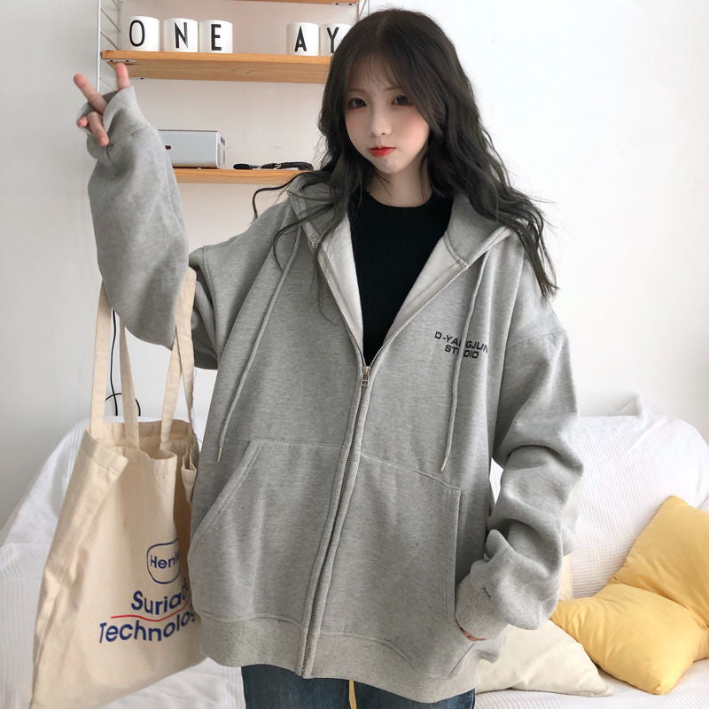 Hoodies women zipper kangaroo pocket casual loose solid color sweatshirt female