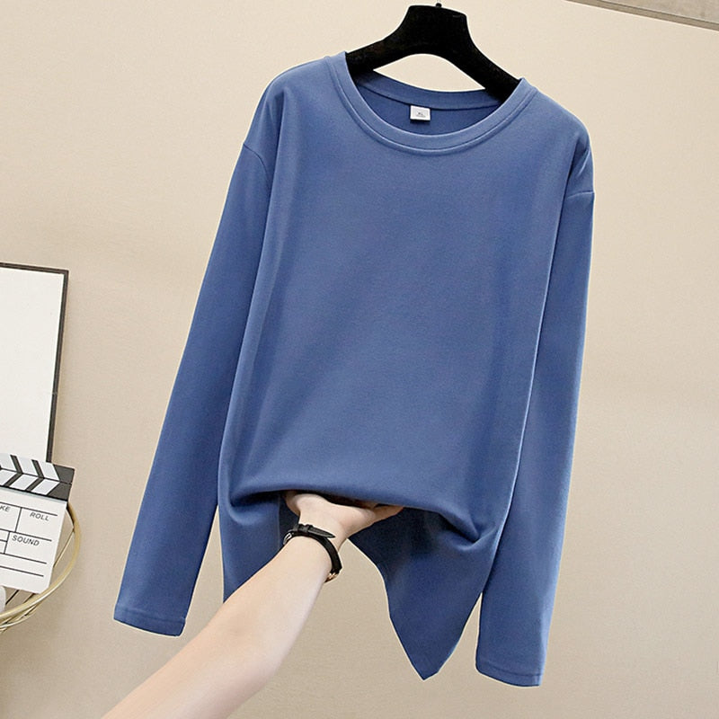 OUSLEE Cotton Long Sleeve T Shirt Women Casual Basic Women's T-shirts Solid Colors Top Female Fashion Korean Tee Shirt Plus Size