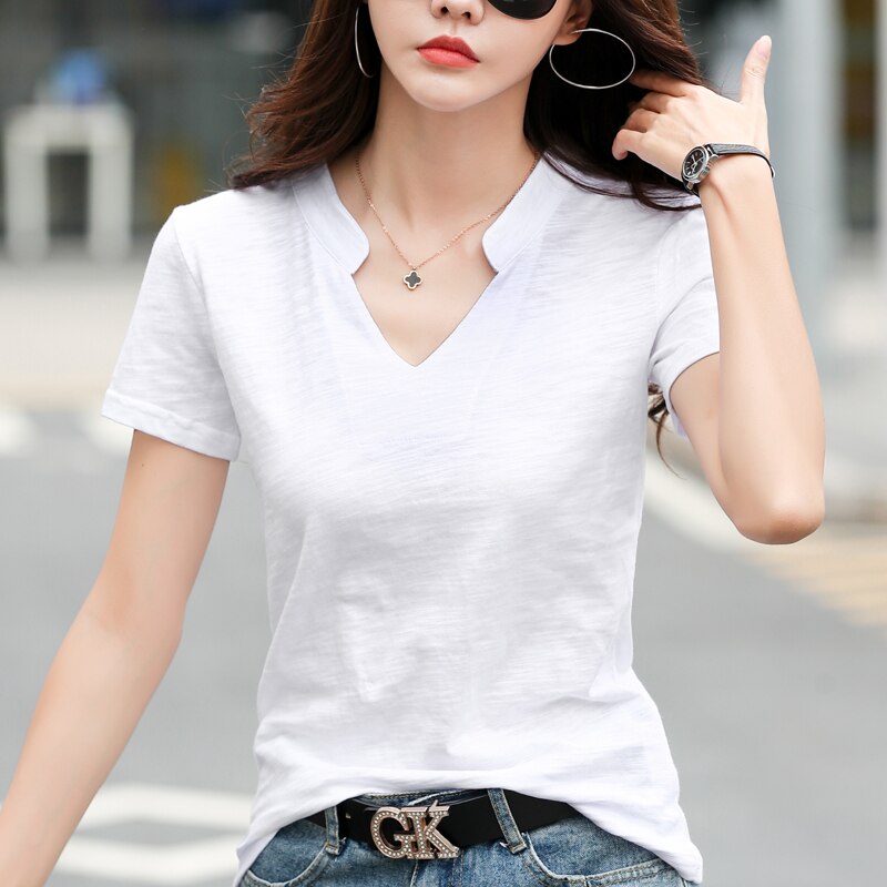 Short Sleeve Bamboo Cotton Women V-Neck T-Shirts 2021 Loose Casual Solid Color Brand T Shirt Ladies Summer Spring All-Match Tops