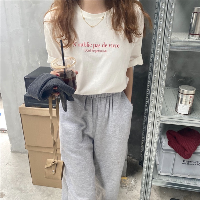 Letter Printed Thin Short Sleeve Cotton O-neck Fashion Vintage Sweet Fresh College Wind Basic 2021 Summer Women T-shirts