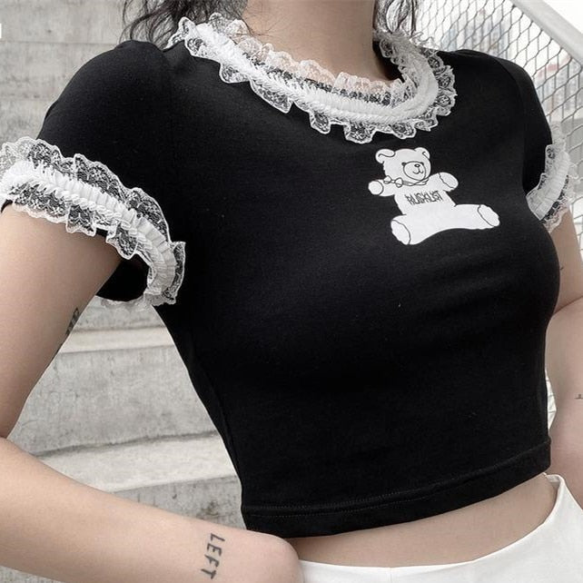 Gothic Crop T-Shirts Summer Harajuku Kawaii Cute Bear Print Lace