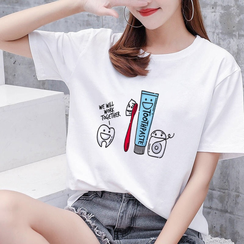 Aesthetic funny tooth dentist women's T-shirt 90s Harajuku Kawaii O-neck T-shirt pattern fashion printing Plus size women shirts