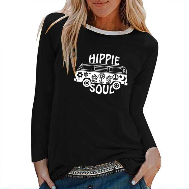 Hippie Soul Car Print Long Sleeve T-shirts Women Autumn Winter 2020 Woman Tshirts Fashion White Crew Neck Graphic Tee Streetwear