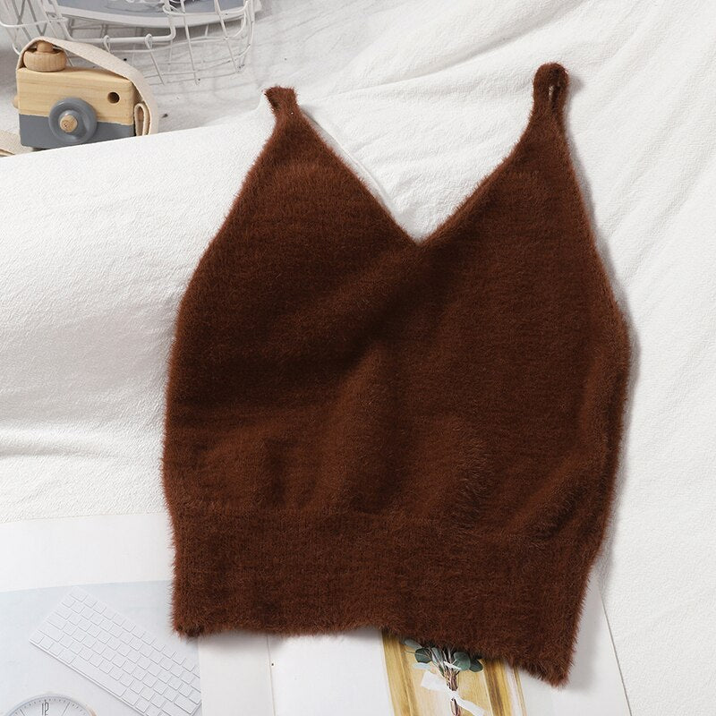 Women Summer Solid Fuzzy Knitted Crop Tops V Neck Sexy Cosy