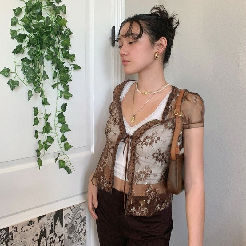 Brown Mesh Transparent Tshirt Women Lace Up Cardigan Tops