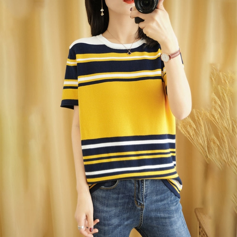 summer new pure cotton T-shirt women casual pullover knitted sweater short sleeve plus size round neck tees striped top