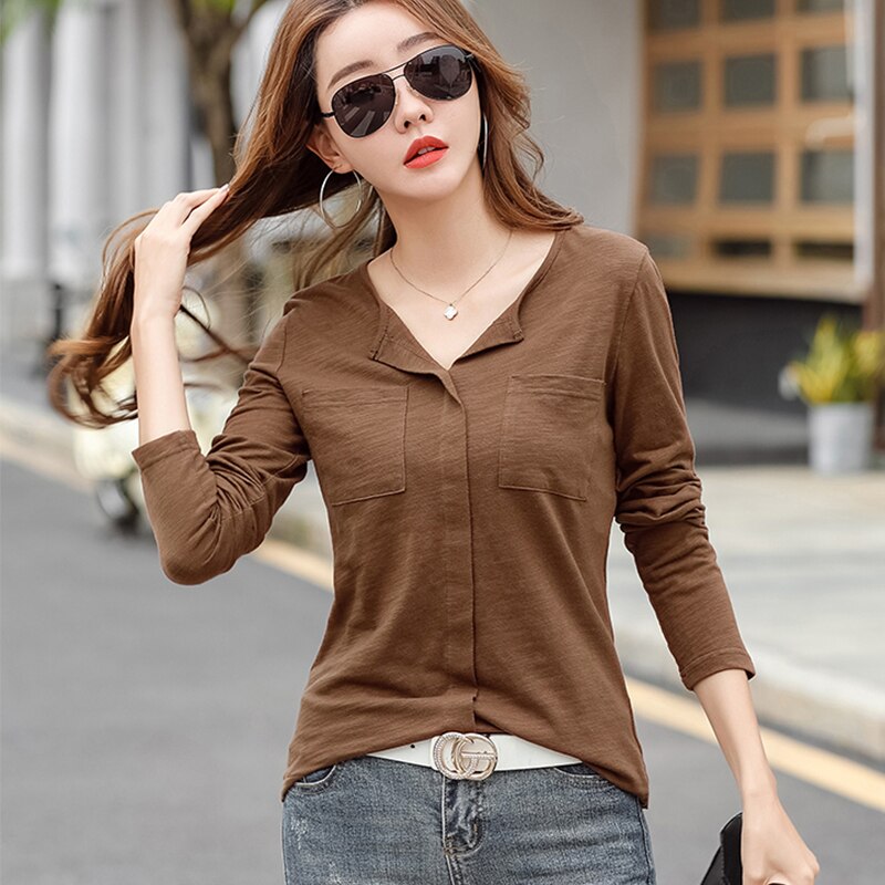 New 2021 Cotton Casual Two Pockets V-Neck T Shirts Women Spring Winter Long Sleeve Coffee Purple T Shirt Female Solid Color Tops