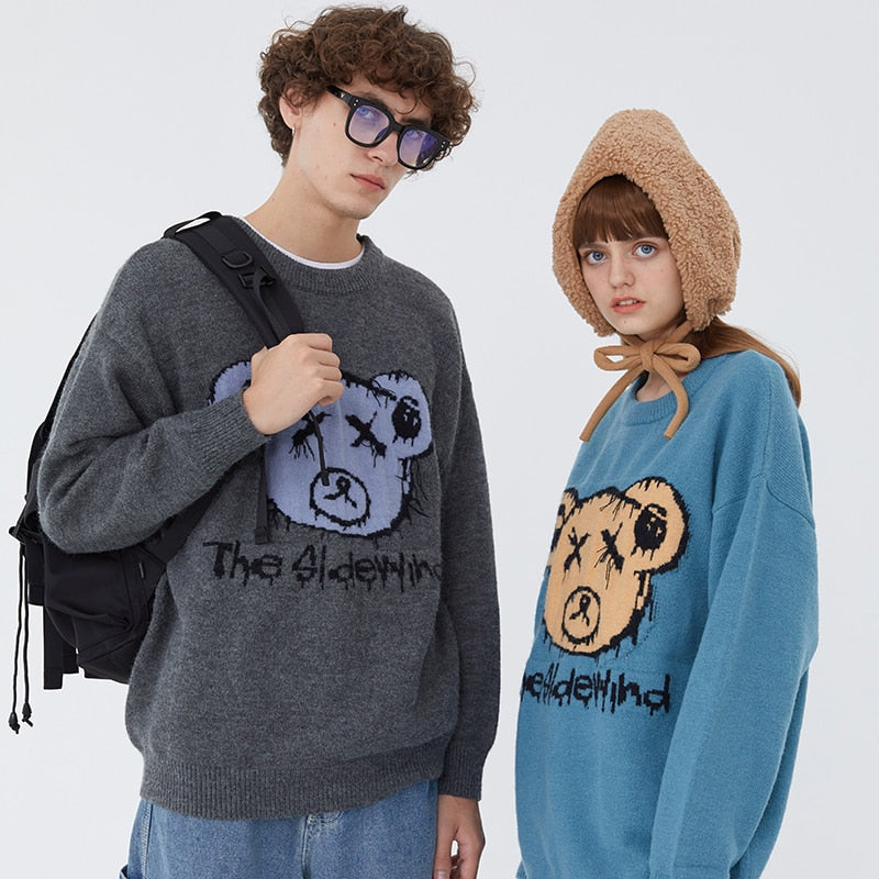 Men Hip Hop Streetwear Knitted Sweater Funny Bear Sweater Jumper