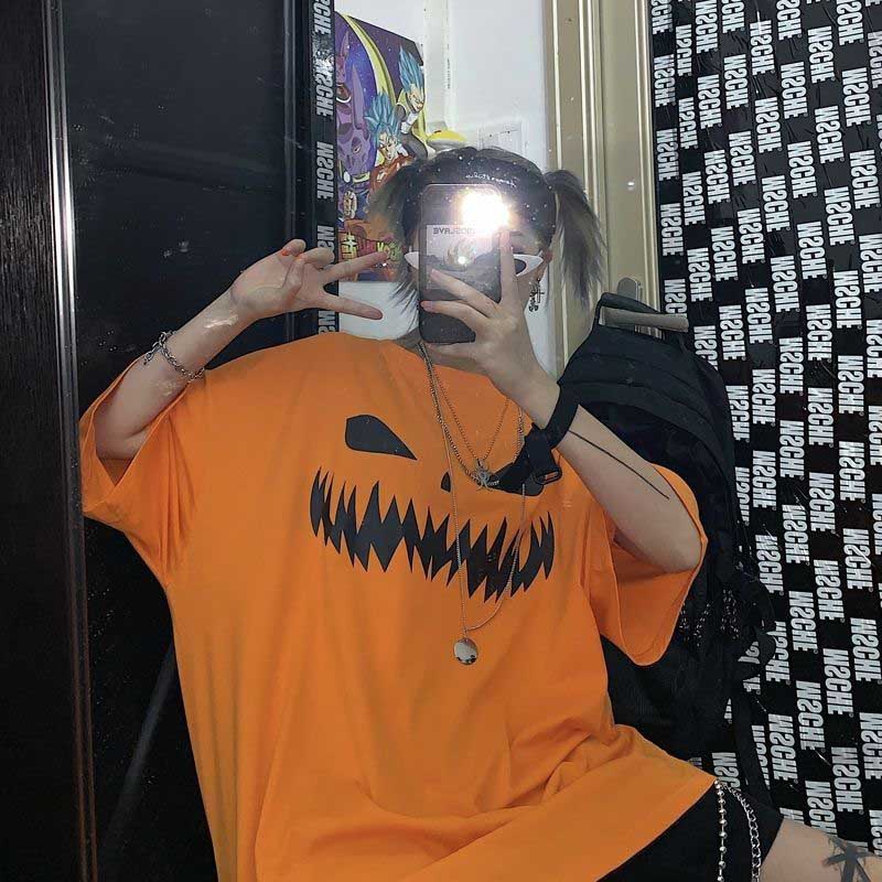 NiceMix Harajuku pumpkin Print letter T shirt Fake 2 Pieces Patchwork Casual Long Sleeve T-shirt Women And Men Streetwear Tops