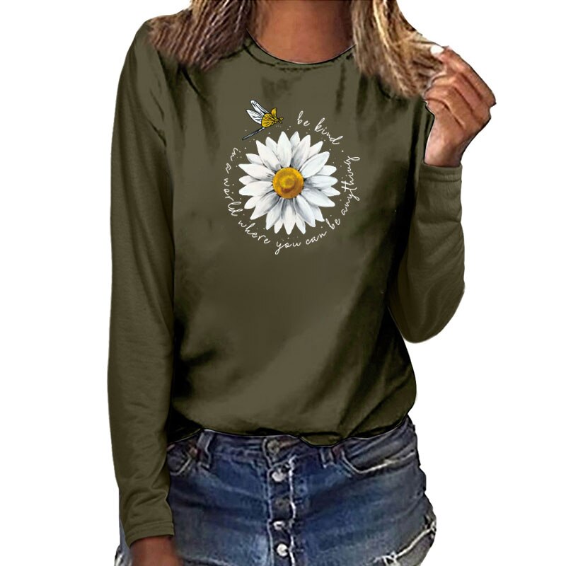 Daisy Dragonfly Be Kind Print Long Sleeve T-shirts Women Autumn Winter Aesthetic Clothes White Crew Neck Tops for Women Ladies