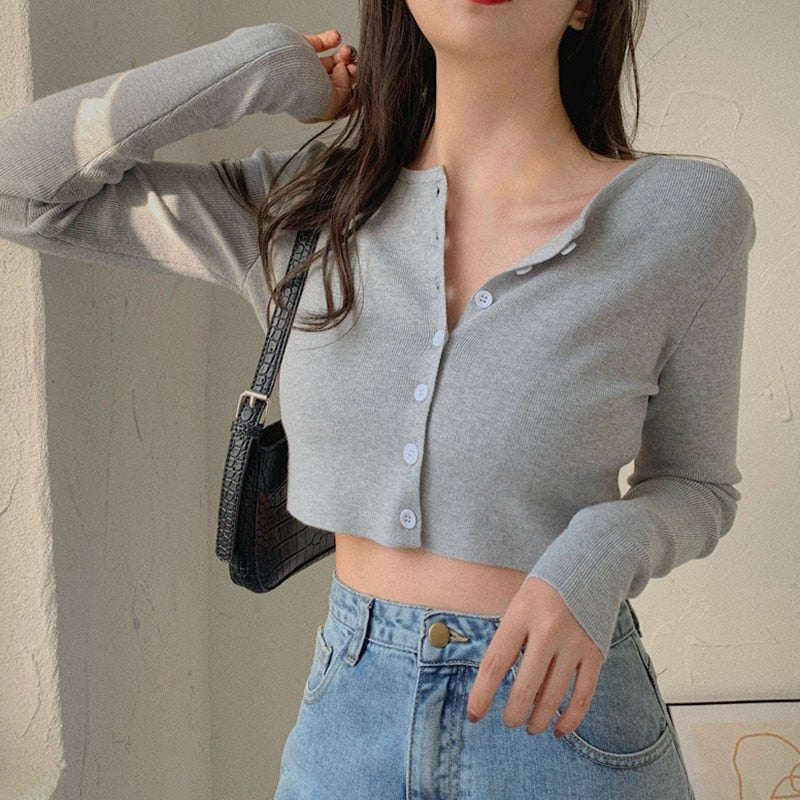 Thin Women's Knitted Cardigan Sexy Solid Color T-shirt Crop