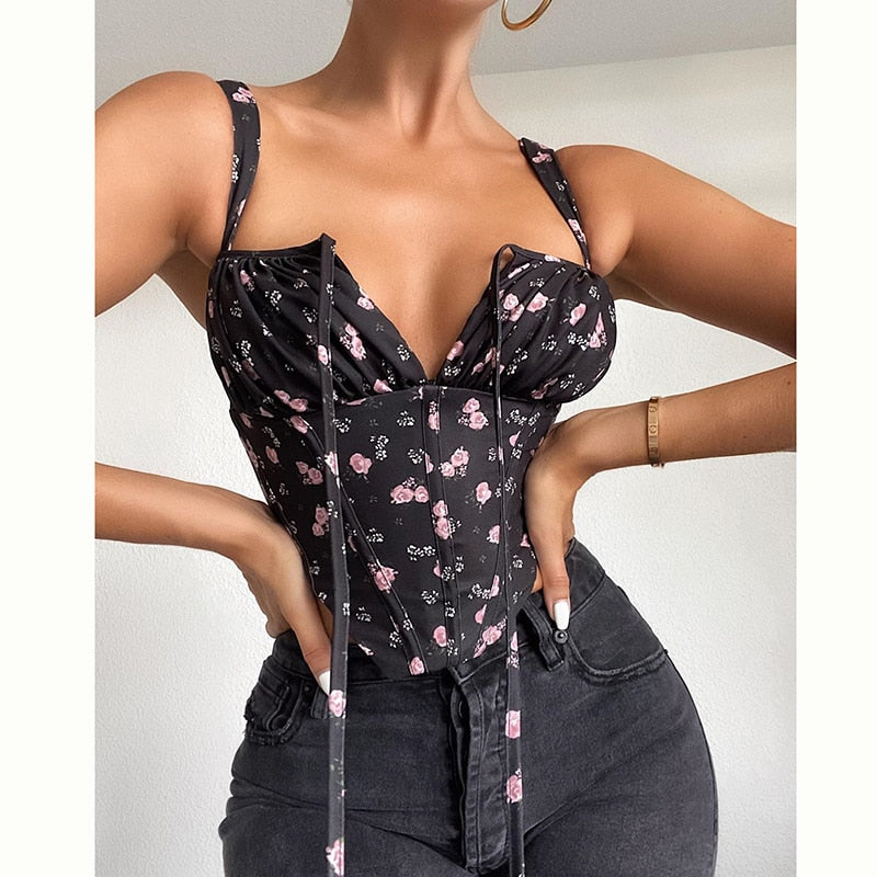 Floral Corset Women Sweet Print Hollow Up Tie Up Sexy Crop Top