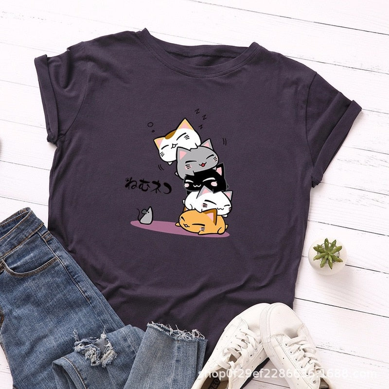 Summer T-Shirt Women Plus Size S-5XL Cotton Graphic Funny Cats Print Female Short Sleeve Simple Tshirts Casual Fashion Tops Tees