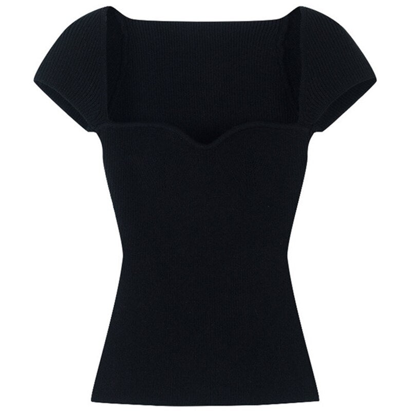 Spring Square Collar Knitted Women T-Shirts Slim Irregular