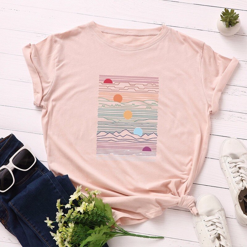 Summer Women tshirt Cotton Plus Size 5XL Casual Fashion Short Sleeve Sunrise Graphic Print t shirt Funny Women Tee Tops